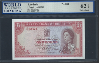 Rhodesia, P-28d, 1 Pound, 14.10.1968 Signatures: N.H.B. Bruce 62 TOP Uncirculated
