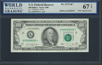 U.S. Federal Reserve, Fr. 2173-K*, Replacement Note, 100 Dollars, Series 1990 Signatures: Villalpando/Brady 67 TOP UNC Superb Gem  