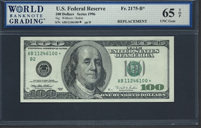 U.S. Federal Reserve, Fr. 2175-B*, Replacement Note, 100 Dollars, Series 1996 Signatures: Withrow/Rubin 65 TOP UNC Gem  