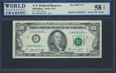 U.S. Federal Reserve, Fr. 2167-C*, Replacement Note, 100 Dollars, Series 1974 Signatures: Neff/Simon 58 TOP About UNC Choice  