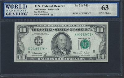U.S. Federal Reserve, Fr. 2167-K*, Replacement Note, 100 Dollars, Series 1974 Signatures: Neff/Simon 63 UNC Choice  