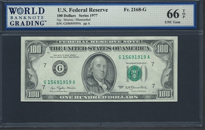 U.S. Federal Reserve, Fr. 2168-G, 100 Dollars, Series 1977 Signatures: Morton/Blumenthal 66 TOP UNC Gem  