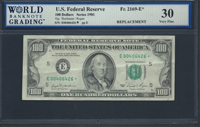 U.S. Federal Reserve, Fr. 2169-E*, Replacement Note, 100 Dollars, Series 1981 Signatures: Buchanan/Regan 30 Very Fine  