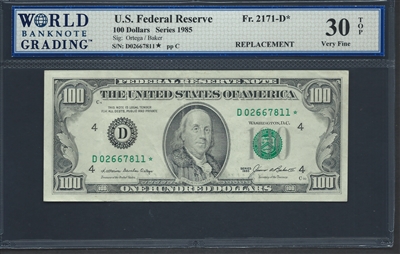 U.S. Federal Reserve, Fr. 2171-D*, Replacement Note, 100 Dollars, Series 1985 Signatures: Ortega/Baker 30 TOP Very Fine  