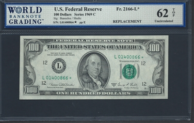 U.S. Federal Reserve, Fr. 2166-L*, Replacement Note, 100 Dollars, Series 1969 C Signatures: Banuelos/Shultz 62 TOP Uncirculated  