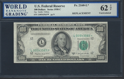 U.S. Federal Reserve, Fr. 2160-L*, Replacement Note, 100 Dollars, Series 1950 C Signatures: Smith/Dillon 62 TOP Uncirculated  