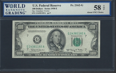 U.S. Federal Reserve, Fr. 2162-G, 100 Dollars, Series 1950 E Signatures: Granahan/Fowler 58 TOP About UNC Choice  