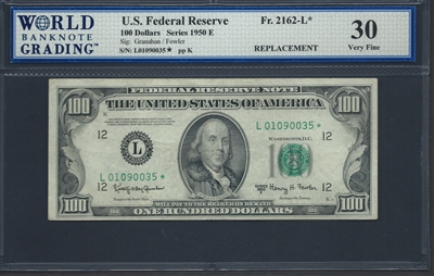 U.S. Federal Reserve, Fr. 2162-L*, Replacement Note, 100 Dollars, Series 1950 E Signatures: Granahan/Fowler 30 Very Fine  