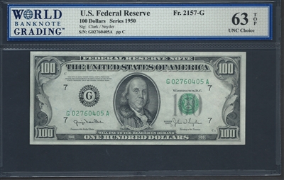 U.S. Federal Reserve, Fr. 2157-G, 100 Dollars, Series 1950 Signatures: Clark/Snyder 63 TOP UNC Choice  