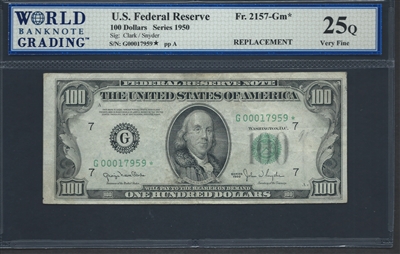 U.S. Federal Reserve, Fr. 2157-Gm*, Replacement Note, 100 Dollars, Series 1950 Signatures: Clark/Snyder 25Q Very Fine  