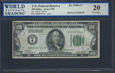 U.S. Federal Reserve, Fr. 2150-G*, Replacement Note, 100 Dollars, Series 1928 Signatures: Woods/Mellon 20 Very Fine  