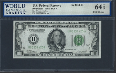 U.S. Federal Reserve, Fr. 2151-H, 100 Dollars, Series 1928 A Signatures: Woods/Mellon 64 TOP UNC Choice  
