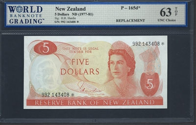 New Zealand, P-165d*, Replacement Note, 5 Dollars, ND (1977-81) Signatures: H.R. Hardie 63 TOP UNC Choice  