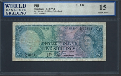 Fiji, P-051c, 5 Shillings, 1.12.1962 Signatures: Ritchie/Griffiths/Cruikshank 15 Fine Choice