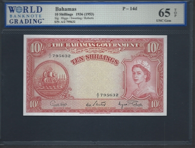 Bahamas, P-14d, 10 Shillings, 1936 (1953) Signatures: Higgs/Sweeting/Roberts 65 TOP UNC Gem  