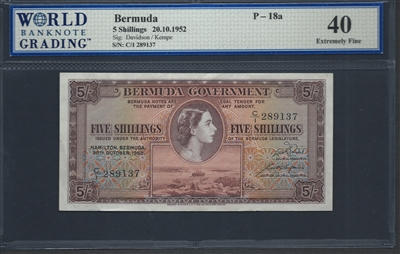 Bermuda, P-18a, 5 Shillings, 20.10.1952 Signatures: Davidson/Kempe 40 Extremely Fine