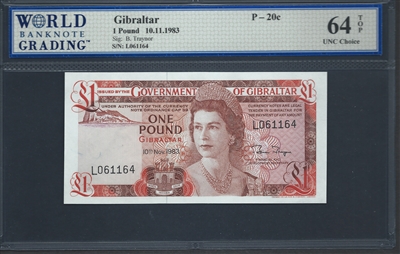 Gibraltar, P-20c, 1 Pound, 10.11.1983 Signatures: B. Traynor 64 TOP UNC Choice  