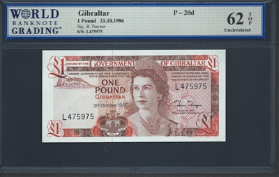 Gibraltar, P-20d, 1 Pound, 21.10.1986 Signatures: B. Traynor 62 TOP Uncirculated  
