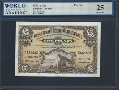 Gibraltar, P-19a, 5 Pounds, 3.10.1958 Signatures: C.J. Gomez 25 Very Fine  