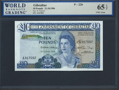 Gibraltar, P-22b, 10 Pounds, 21.10.1986 Signatures: B. Traynor 65 TOP UNC Gem  