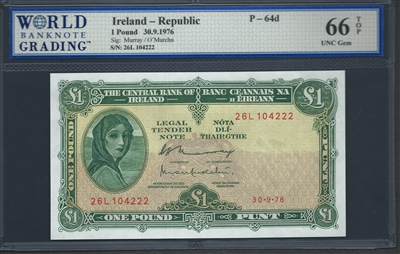 Ireland - Republic, P-64d, 1 Pound, 30.9.1976, 66 TOP UNC Gem