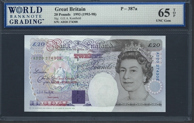 Great Britain, P-387a, 20 Pounds, 1993 (1993-98), 65 TOP UNC Gem