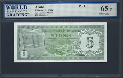 Aruba, P-01, 5 Florin, 1.1.1986, 65 TOP UNC Gem