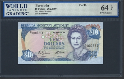 Bermuda, P-36, 10 Dollars, 20.2.1989, 64 TOP UNC Choice