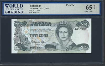 Bahamas, P-42a, 1/2 Dollar, 1974 (1984), 65 TOP UNC Gem