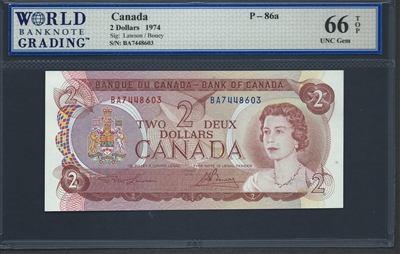 Canada, P-086a, 2 Dollars, 1974, 66 TOP UNC Gem