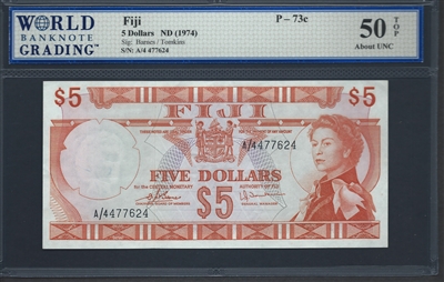 Fiji, P-073c, 5 Dollars, ND (1974), 50 TOP About UNC