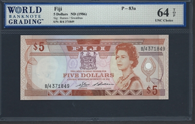 Fiji, P-083a, 5 Dollars, ND (1986), 64 TOP UNC Choice