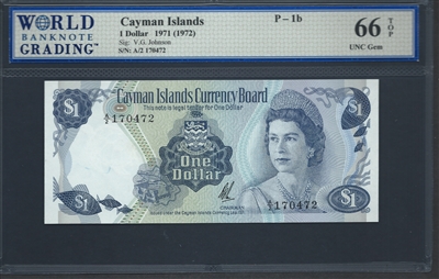 Cayman Islands, P-01b, 1 Dollar, 1971 (1972) Signatures: V.G. Johnson 66 TOP UNC Gem