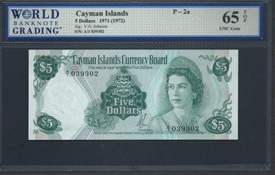 Cayman Islands, P-02a, 5 Dollars, 1971 (1972) Signatures: V.G. Johnson 65 TOP UNC Gem