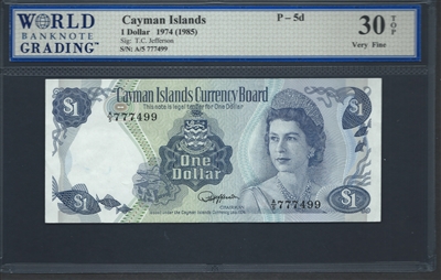 Cayman Islands, P-05d, 1 Dollar, 1974 (1985) Signatures: T.C. Jefferson 30 TOP Very Fine