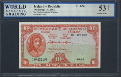 Ireland - Republic, P-63a, 10 Shillings, 3.1.1962, Signatures: Muimhneachain/Whitaker, 53 TOP About UNC
