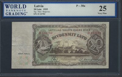 Latvia, P-30a, 20 Latu, 1935, Signatures: Ekis/Skujevics, 25 Very Fine