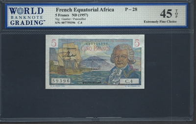 French Equatorial Africa, P-28, 5 Francs, ND (1957), Signatures: Gautier/Panouillot, 45 TOP Extremely Fine Choice