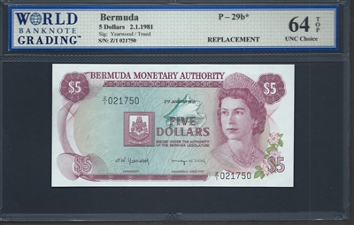 Bermuda, P-29b*, Replacement note, 5 Dollars, 2.1.1981, Signatures: Yearwood/Trued, 64 TOP UNC Choice