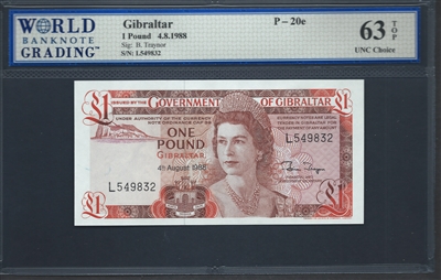 Gibraltar, P-20e, 1 Pound, 4.8.1988 Signatures: B. Traynor 63 TOP UNC Choice  