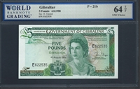 Gibraltar, P-21b, 5 Pounds, 4.8.1988 Signatures: B. Traynor 64 TOP UNC Choice  