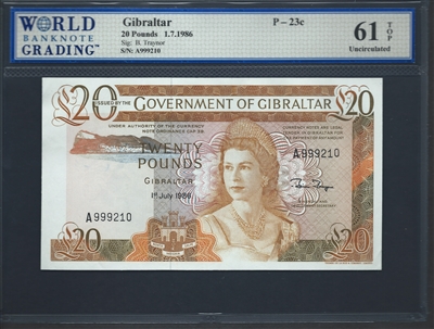 Gibraltar, P-23c, 20 Pounds, 1.7.1986 Signatures: B. Traynor 61 TOP Uncirculated  