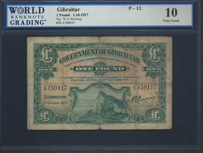 Gibraltar, P-12, 1 Pound, 1.10.1927 Signatures: W.A. Bowring 10 Very Good  