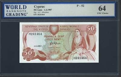 Cyprus, P-52, 50 Cents, 1.4.1987 Signatures: A.C. Afxediou 64 UNC Choice  