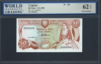 Cyprus, P-52, 50 Cents, 1.11.1989 Signatures: A.C. Afxediou 62 TOP Uncirculated  