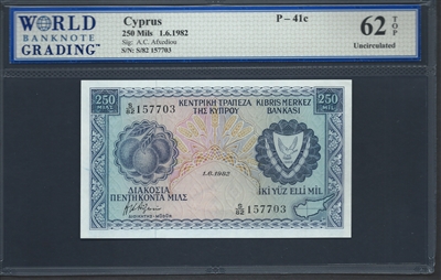 Cyprus, P-41c, 250 Mils, 1.6.1982 Signatures: A.C. Afxediou 62 TOP Uncirculated  