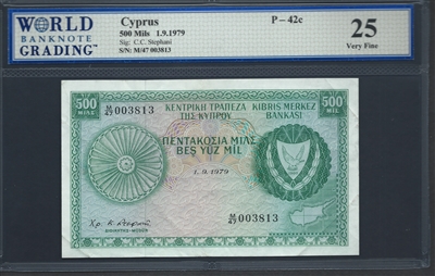 Cyprus, P-42c, 500 Mils, 1.9.1979 Signatures: C.C. Stephani 25 Very Fine  