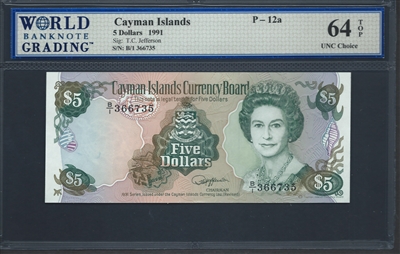 Cayman Islands, P-12a, 5 Dollars, 1991 Signatures: T.C. Jefferson 64 TOP UNC Choice  