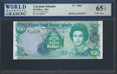 Cayman Islands, P-29a*, Replacement Note, 50 Dollars, 2001 Signatures: G.A. McCarthy 65 TOP UNC Gem  