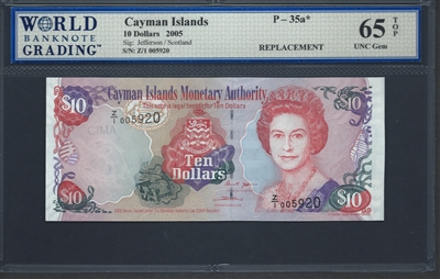 Cayman Islands, P-35a*, Replacement Note, 10 Dollars, 2005 Signatures: Jefferson/Scotland 65 TOP UNC Gem